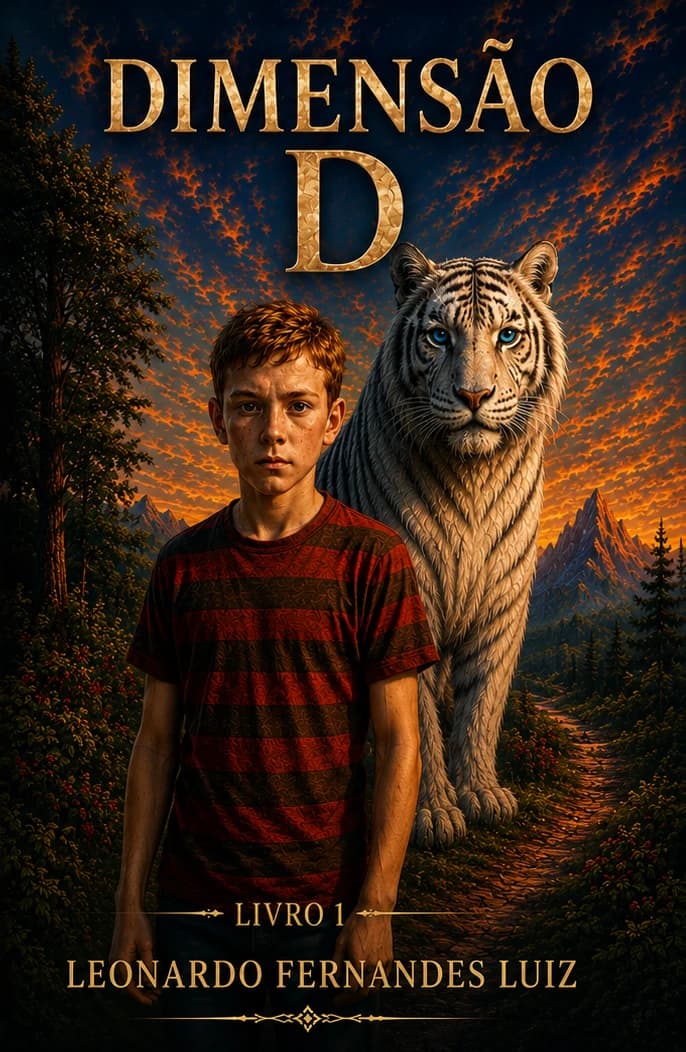 Capa de Dimensão D, Livro 1: Ethan diante de Avalon, o tigre branco, sob um céu de fogo.