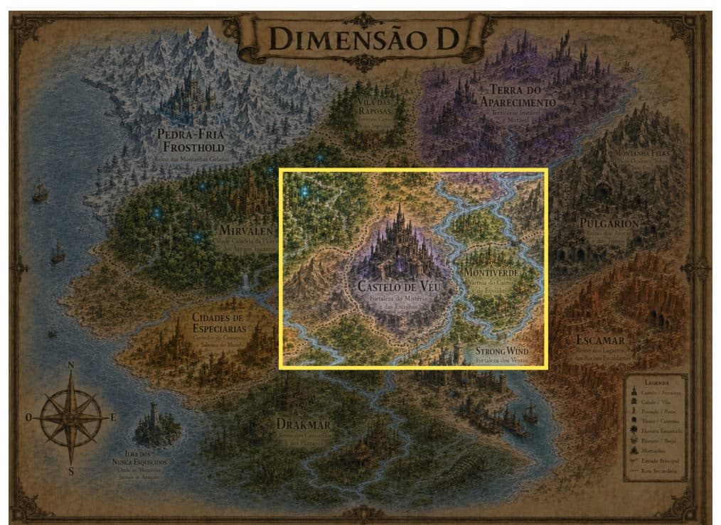Mapa de Castelo de Véu e convergência, do Livro 1 de Dimensão D