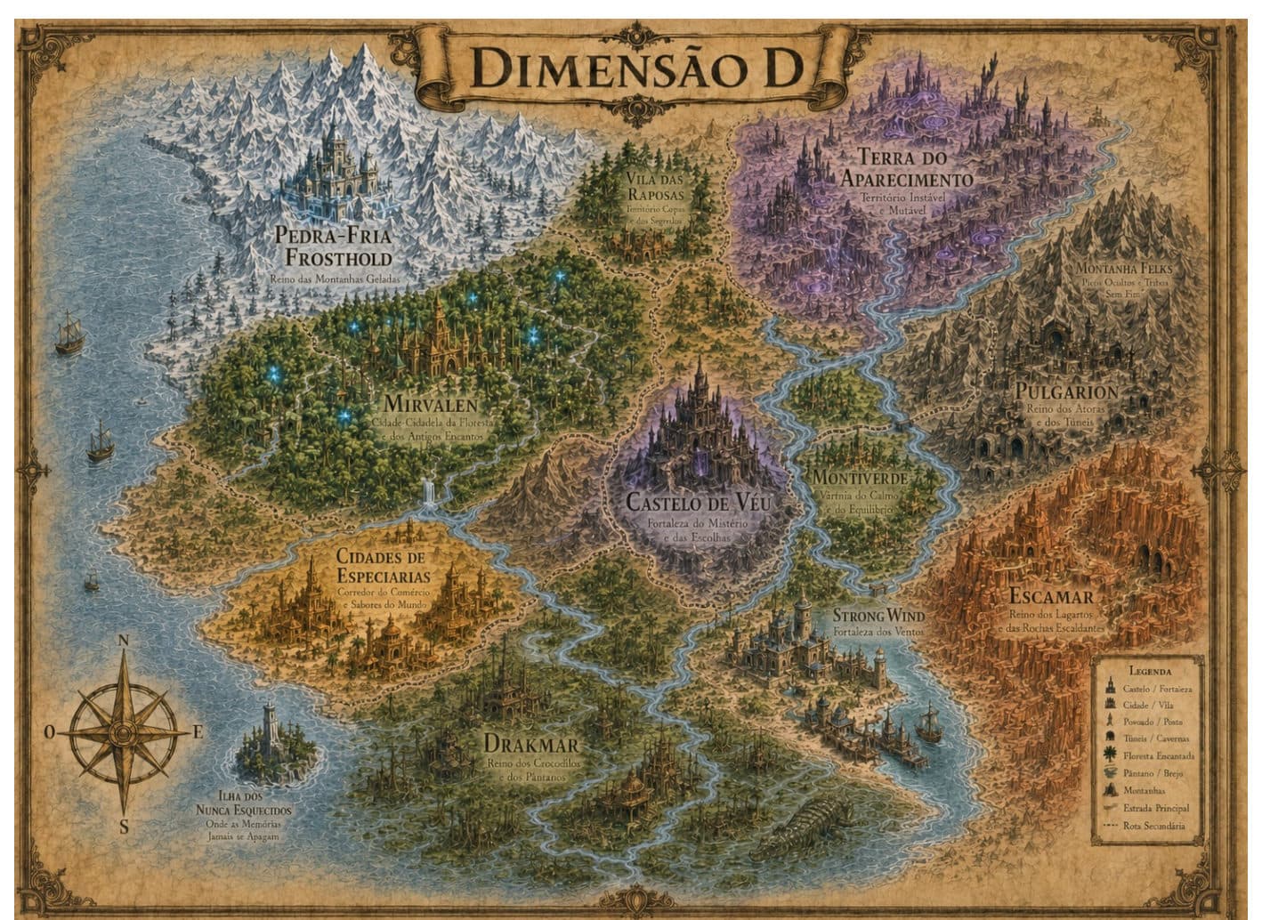 Mapa do continente conhecido da Dimensão D, mostrando Pedra-Fria Frosthold a noroeste, Mirvalen na floresta central, Terra do Aparecimento a nordeste, Castelo de Véu ao centro, Escamar a sudeste, Drakmar ao sul e a Ilha dos Nunca Esquecidos a sudoeste.