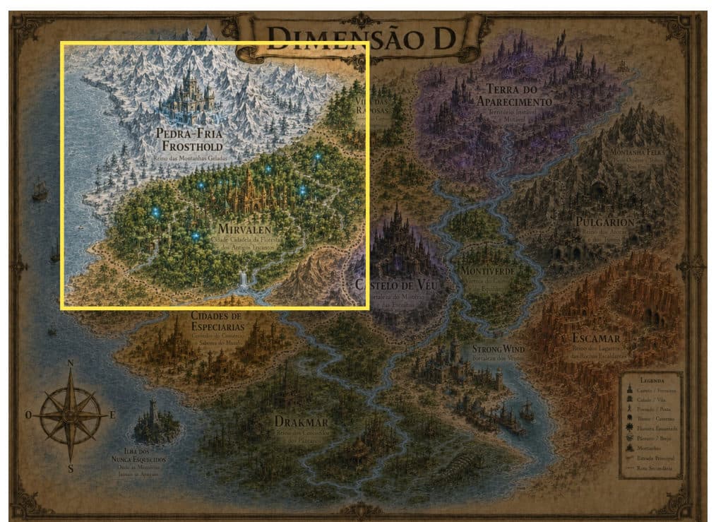 Mapa de Pedra-Fria e Mirvalen, do Livro 1 de Dimensão D