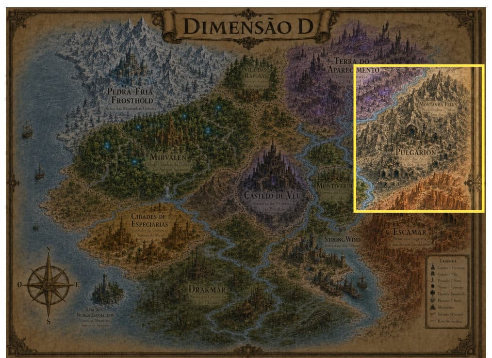 Mapa de Pulgarion e Montanha Felks, do Livro 1 de Dimensão D