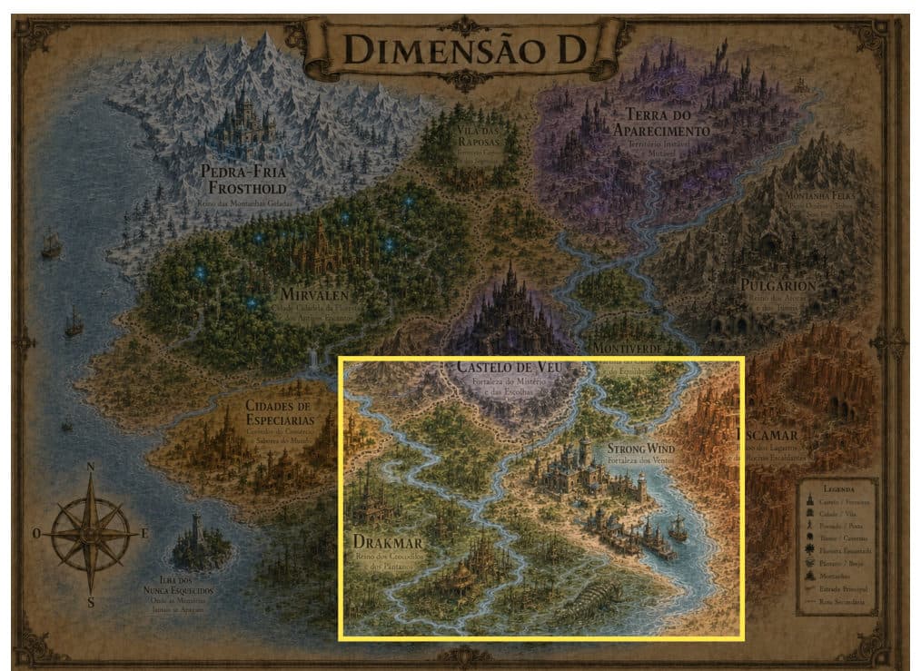 Mapa de Strong Wind, Drakmar e rotas costeiras, do Livro 1 de Dimensão D